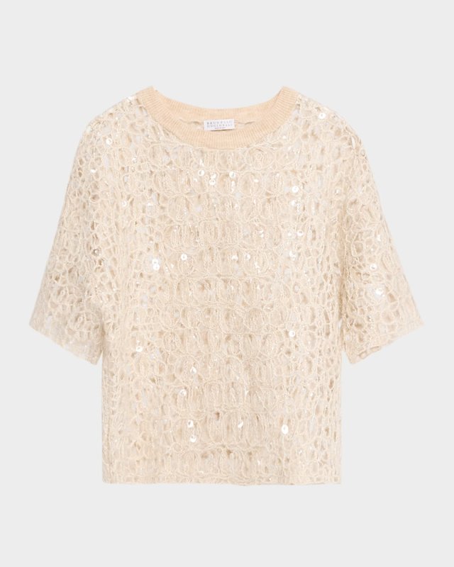 Wool-Cashmere Sequined Open-Knit Short-Sleeve Sweat